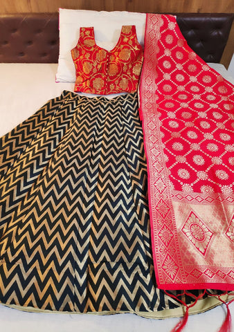 Smashing Red & Black Banarasi Silk With Padded Blouse Online Lehenga Choli Design