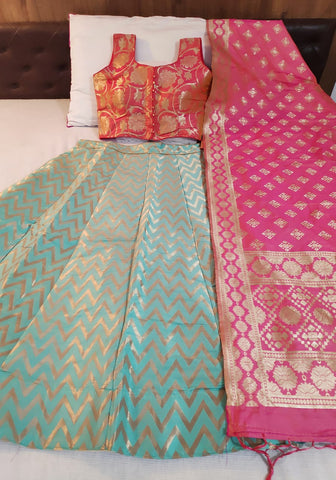 Pulchritudinous Pink & Firozi Banarasi Silk With Padded Blouse Online Lehenga Choli Design