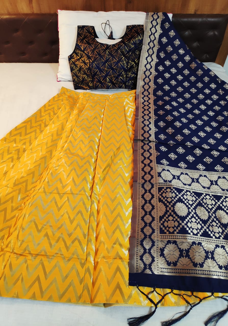 Remarkable Navy Blue & Yellow Banarasi Silk Online Lehenga Choli Design