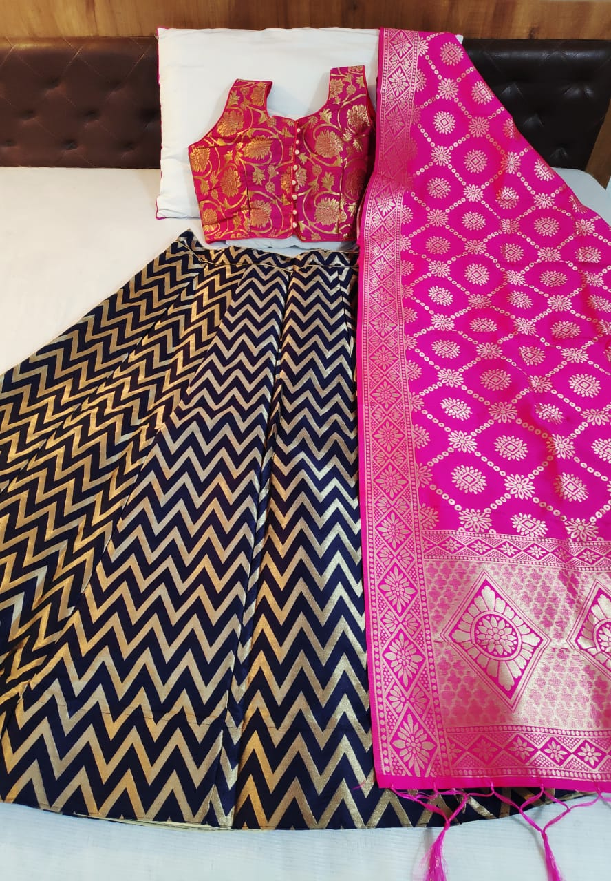 Extraordinary Rani & Navy Blue Banarasi Silk Designer Online Lehenga Choli Design
