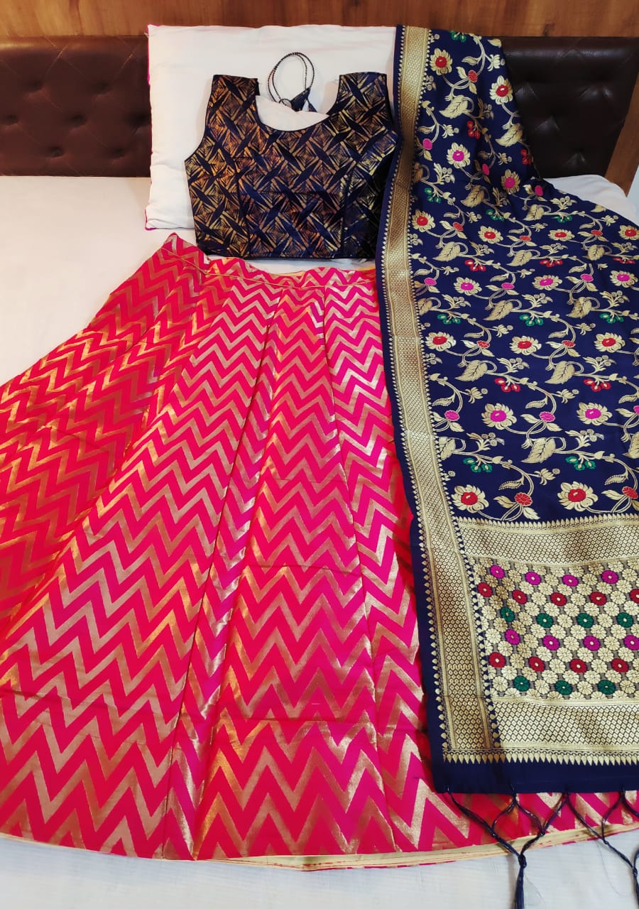 Incredible Navy Blue & Rani Banarasi Silk Designer Online Lehenga Choli Design