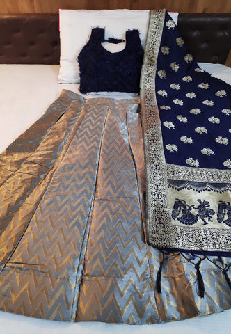 Impressive Grey & Royal Blue Banarasi Silk Designer Online Lehenga Choli Design