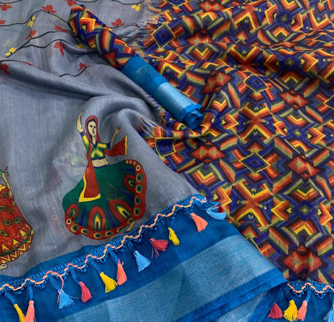 Outstanding Grey & Blue Linen Cotton With Silver Zari Weaving Border Designer Saree