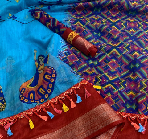 Amazing Firozi Linen Cotton With Multi Colored Tassel Designer Saree