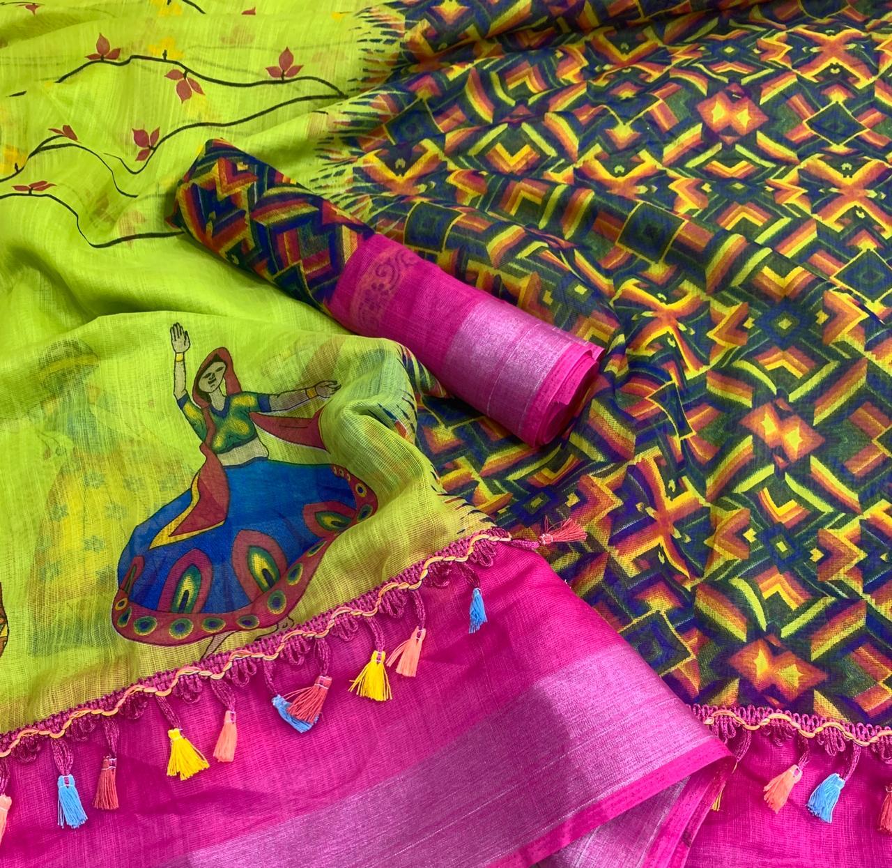 Astonishing Green & Rani Linen Cotton Silver Zari Weaving Border Designer Saree
