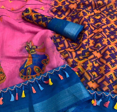 Marvellous Pink & Blue Linen Cotton Silver Zari Weaving Border Designer Saree