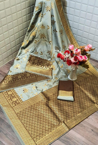 Radiant Grey Cotton Silk Zari Weaving All Over Mina Work Designer Saree
