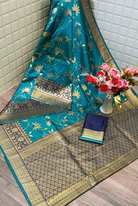 Striking Rama Cotton Silk Zari Weaving All Over Designer Saree