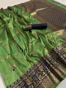 Dazzling Green Cotton Silk All Over Mina Weaving Work Designer Saree