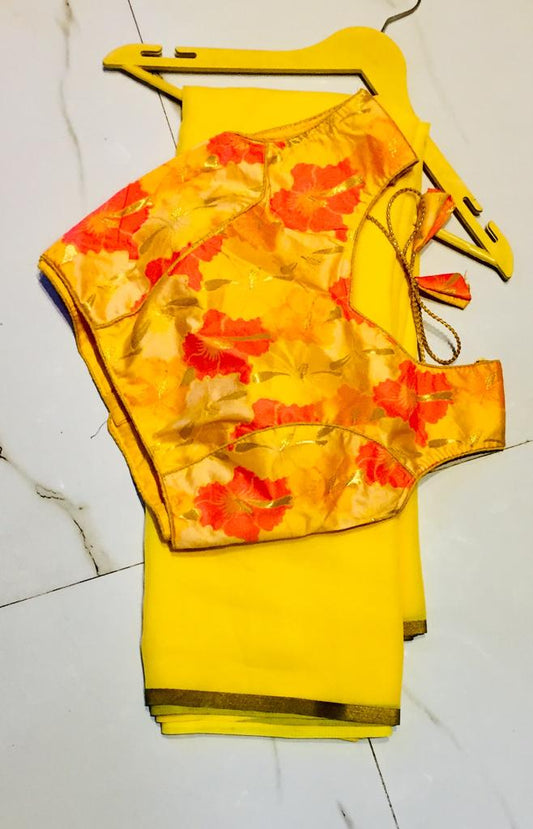 Magnificent Yellow Georgette Designer Saree With Silk Ready Made Blouse