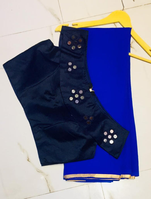 Glorious Royal Blue Georgette Designer Saree With Silk Ready Made Blouse