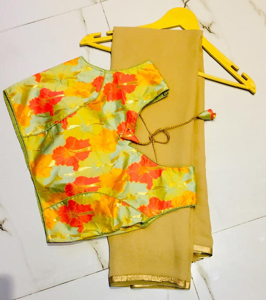 Charming Mustard Georgette Designer Saree & Ready Made Blouse