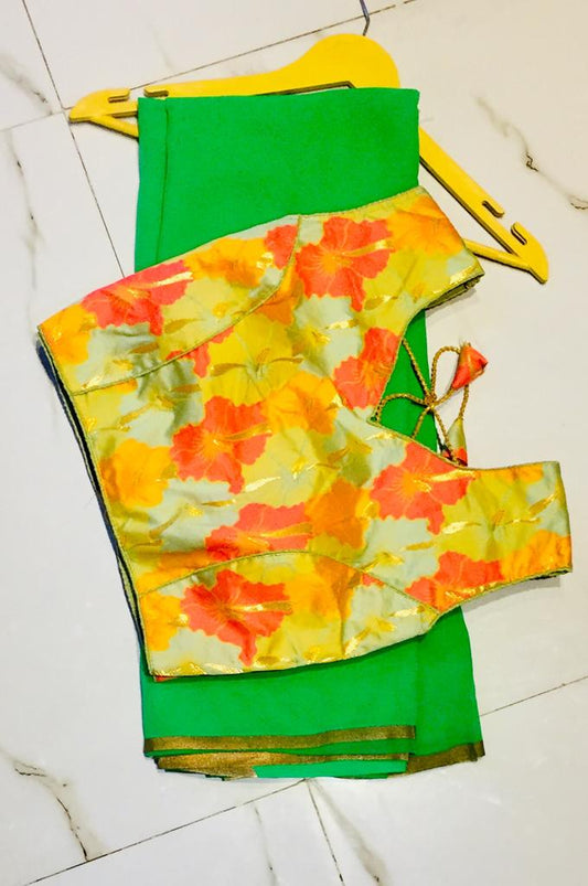 Alluring Green & Yellow Georgette Designer Saree With Ready Made Blouse