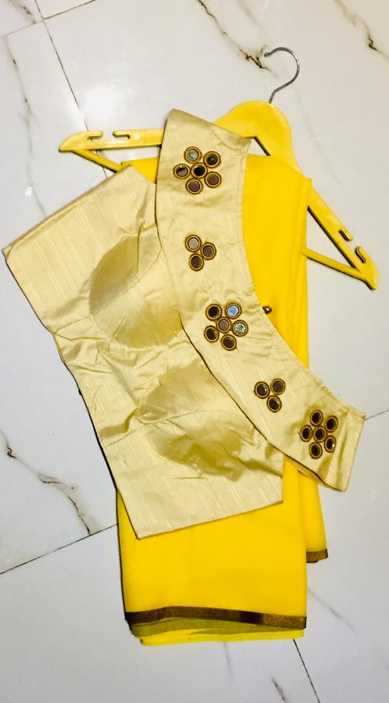 Knockout Yellow & Cream Georgette Designer Saree With Ready Made Blouse