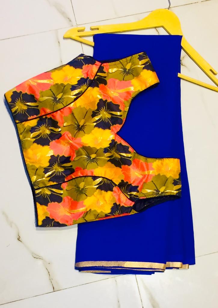 Bootylicious Royal Blue Georgette Designer Saree With Ready Made Blouse
