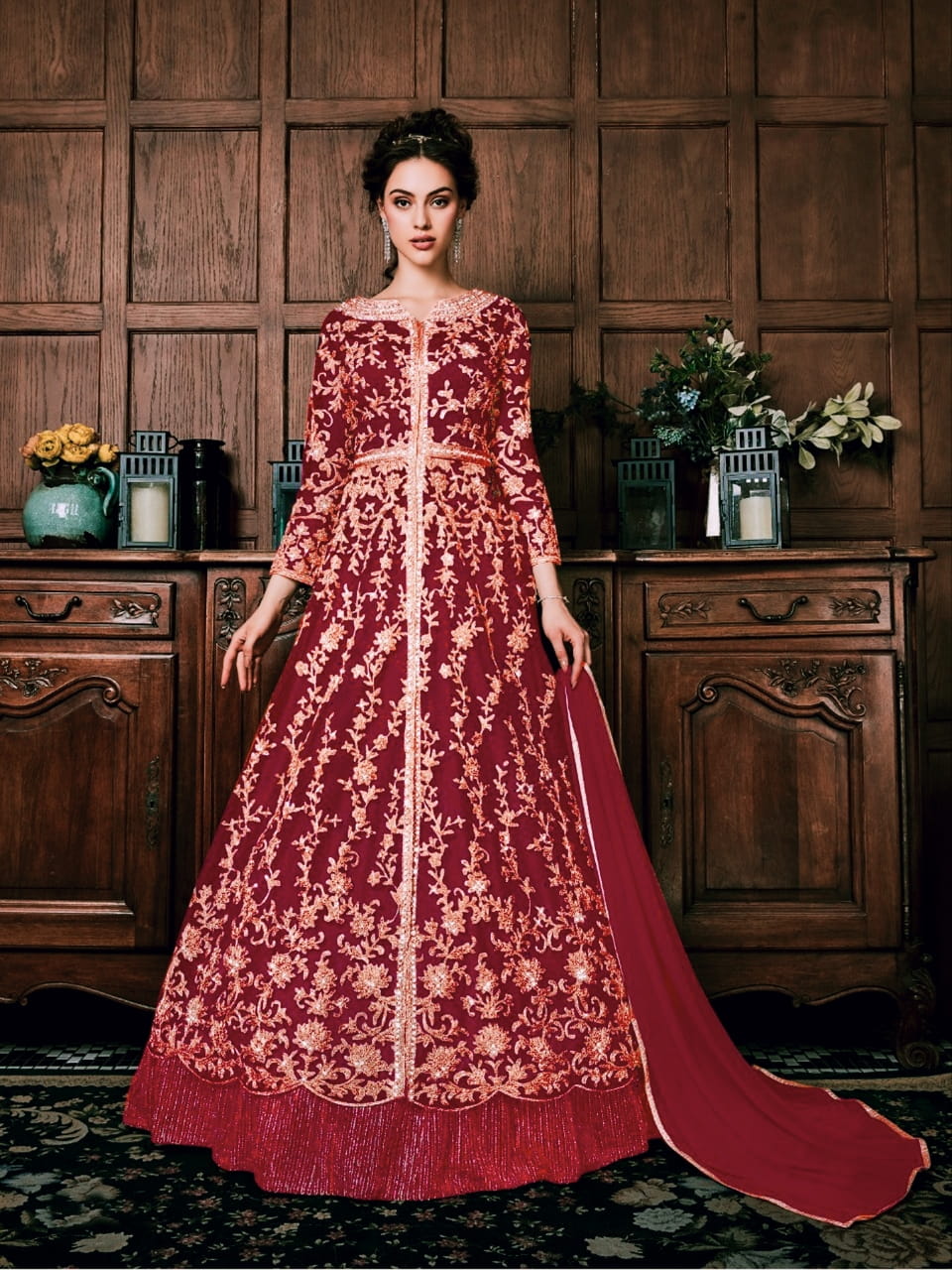 Marvellous Red Net With Embroidered Diamond Work Salwar Suit