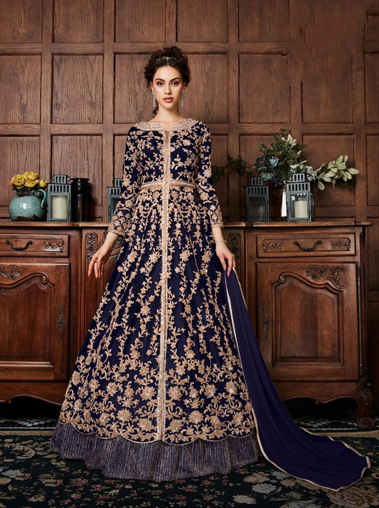Phenomenal Navy Blue Net Embroidered Diamond Work Salwar Suit