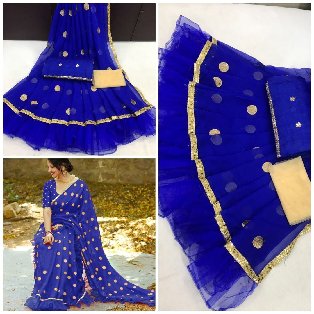 Breathtaking Royal Blue Ruffle Georgette With Embroidered Work Designer Saree