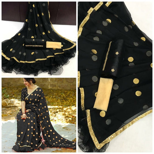 Mind-Boggling Black Ruffle Georgette With Embroidered Work Designer Saree