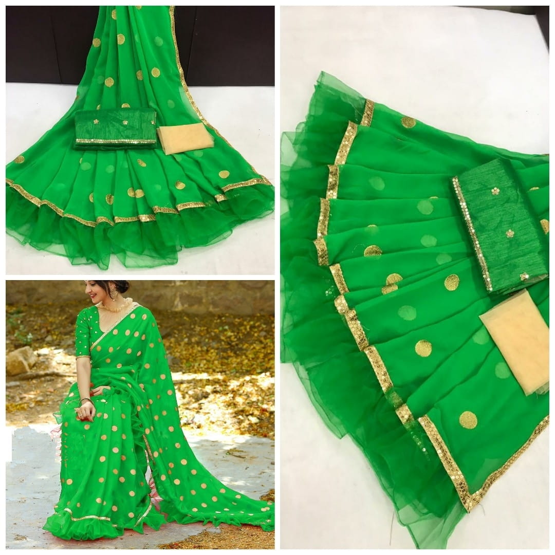 Mind-Blowing Green Georgette Ruffle With Embroidered Work Designer Saree