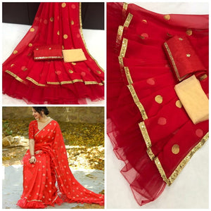 Fabulous Graceful Red Ruffle Georgette With Embroidered Work Designer Saree