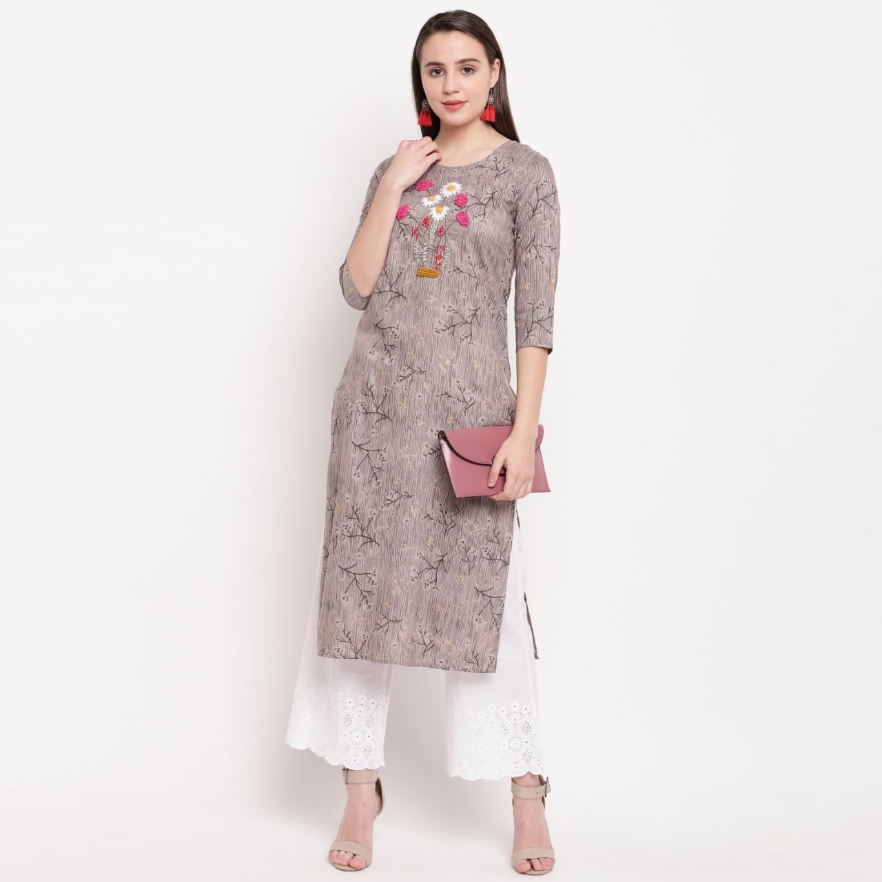 Super Grey Rayon With Hand Work Full Stitched Long Kurti Design