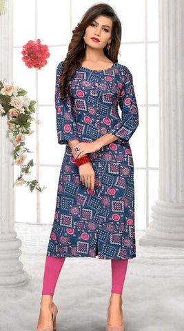 Fantastic Navy Blue Printed Rayon Full Stitched Long Kurti Design