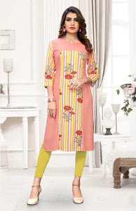 Wondrous Peach Rayon Printed Ready Made Long Kurti Design