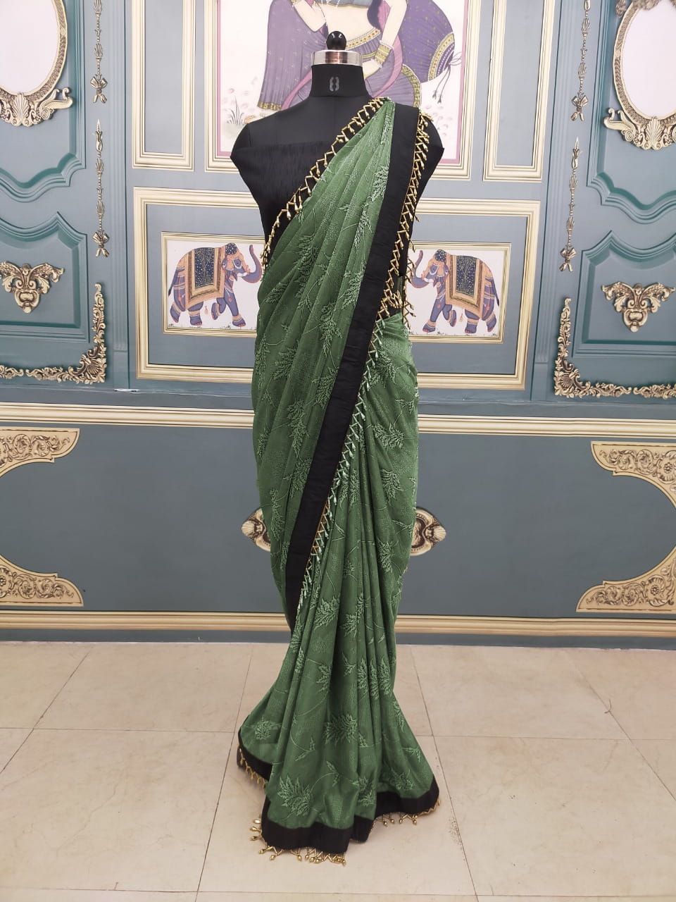 Beautiful Mehendi Green Designer Jersey Jacquard Designer Saree