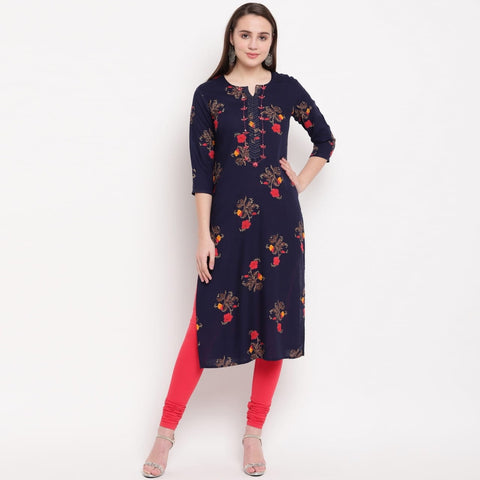 Comely Navy Blue Rayon Printed Ready Made Long Kurti Design
