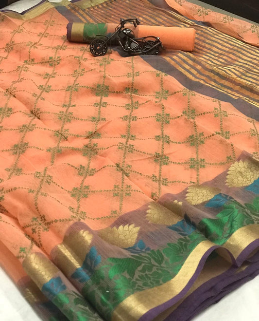 Pretty Peach Pure Cotton With Kashmiri Thread Work Designer Saree