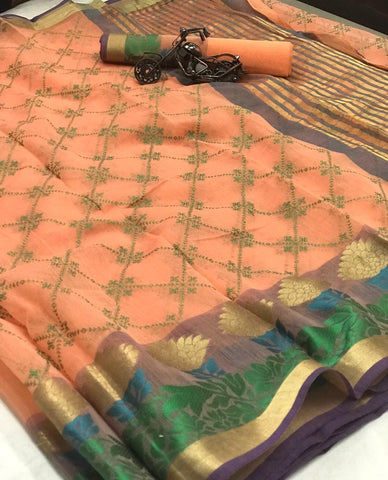 Pretty Peach Pure Cotton With Kashmiri Thread Work Designer Saree