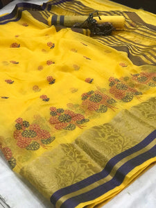 Sensational Yellow Cotton With Kashmiri Thread Work Designer Saree