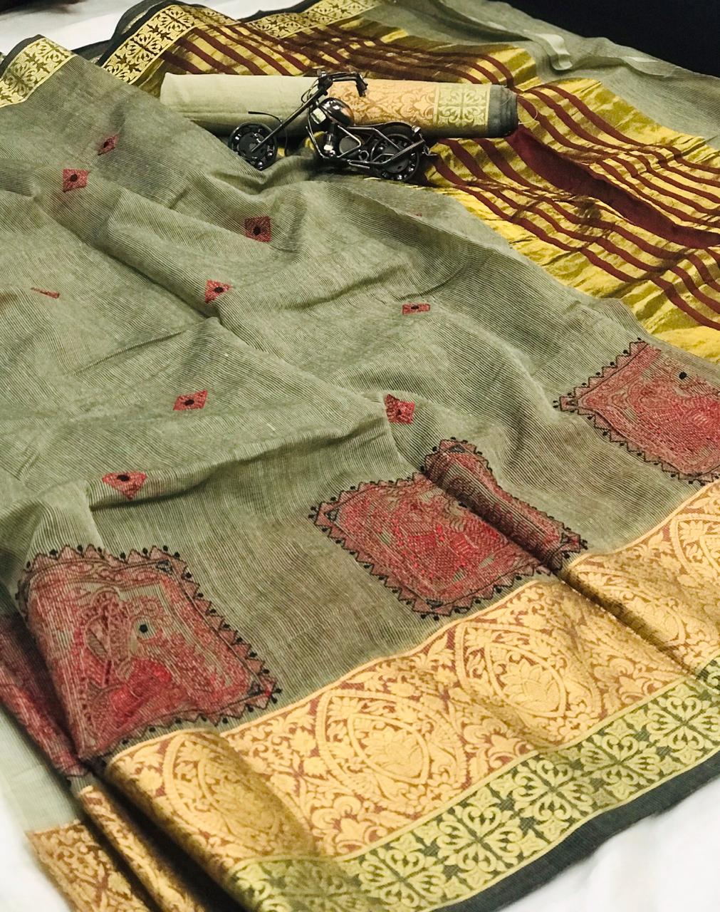 Radiant Mehendi Green Cotton With Kashmiri Thread Work Designer Saree