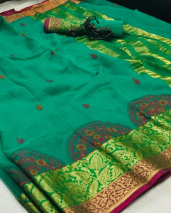 Ravishing Rama Cotton With Thread Kashmiri Work All Over Designer Saree