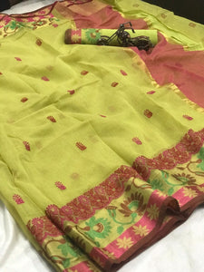 Striking Light Green Cotton Thread Kashmiri Work Designer Saree