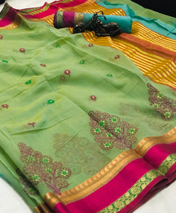 Dazzling Green Cotton With Thread Kashmiri Work Designer Saree