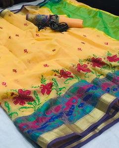 Devastating Light Yellow Cotton With Kashmiri Thread Work Designer Saree