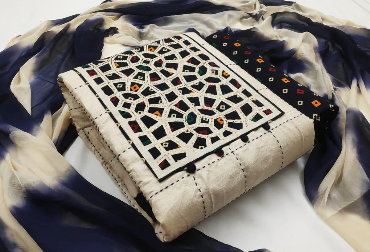Wonderful Cream & Navy Blue Cotton With Embroidered Work Salwar Suit