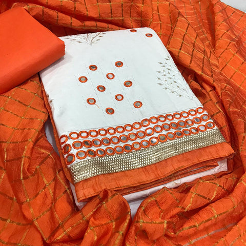 Charming White & Orange Cotton With Mirror Hand Work Salwar Suit