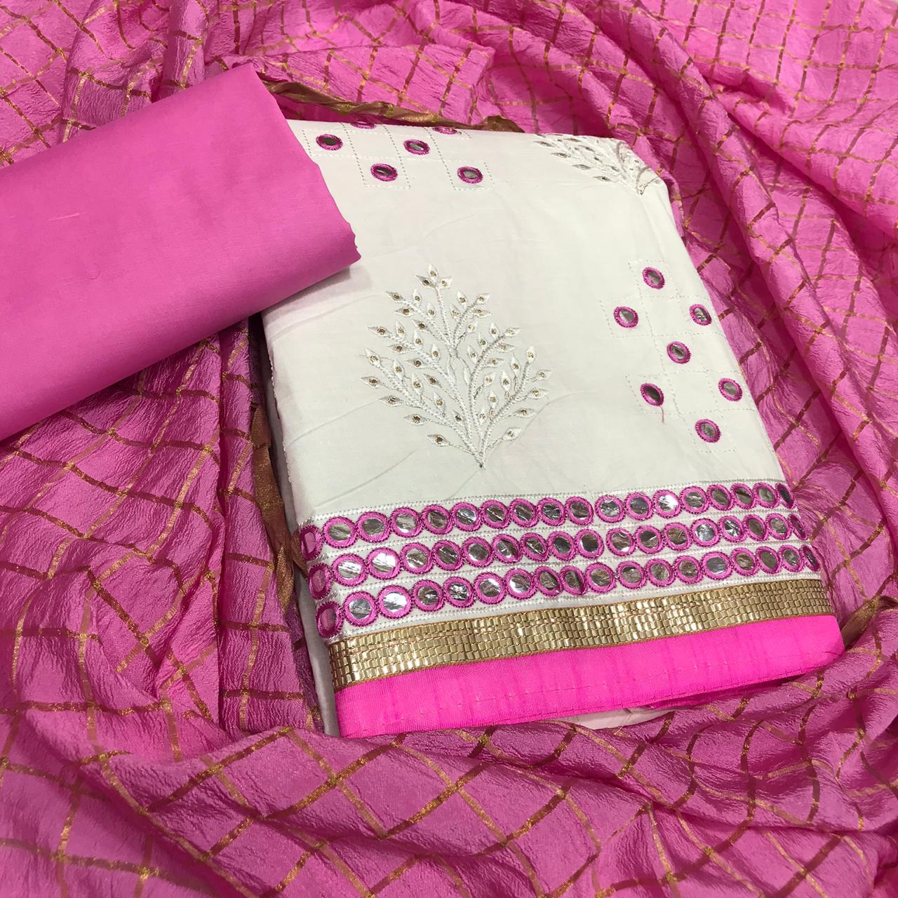 Gorgeous White & Light Pink Cotton With Mirror Hand Work Salwar Suit