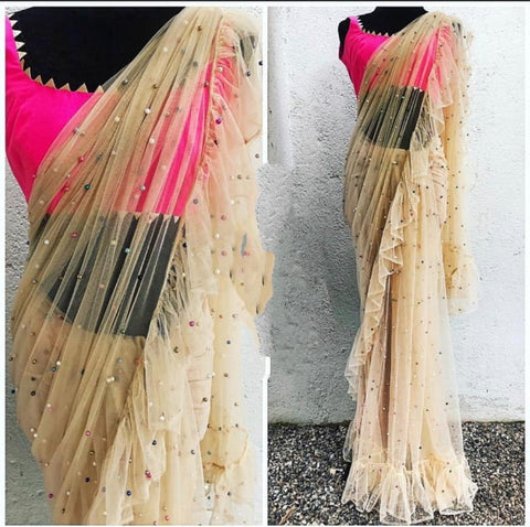 Knockout Cream Net Ruffle With Multi Moti Work Designer Saree