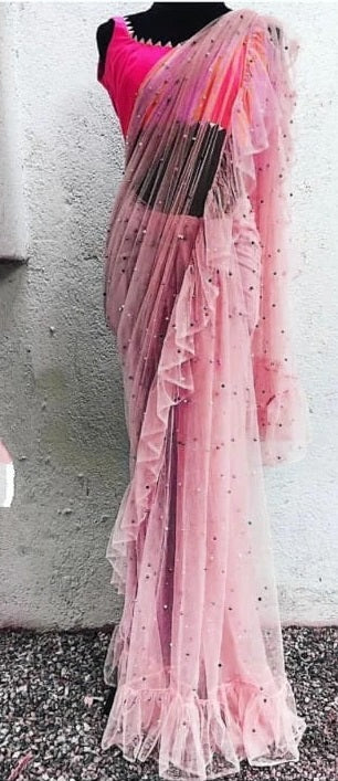 Smashing Pink Net Ruffle With Multi Moti Work Designer Saree