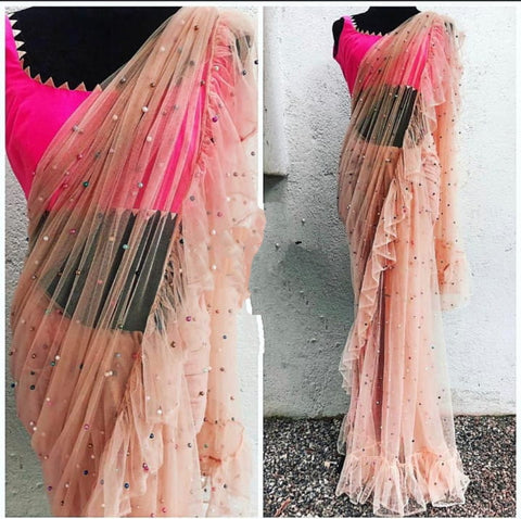 Pulchritudinous Peach Net Ruffle With Multi Moti Work Designer Saree