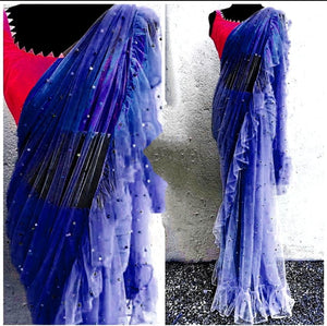 Fantastic Royal Blue Net Ruffle With Multi Moti Work Designer Saree