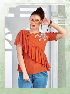 Gorgeous Orange Cotton Rayon With Embroidered Work Western Top