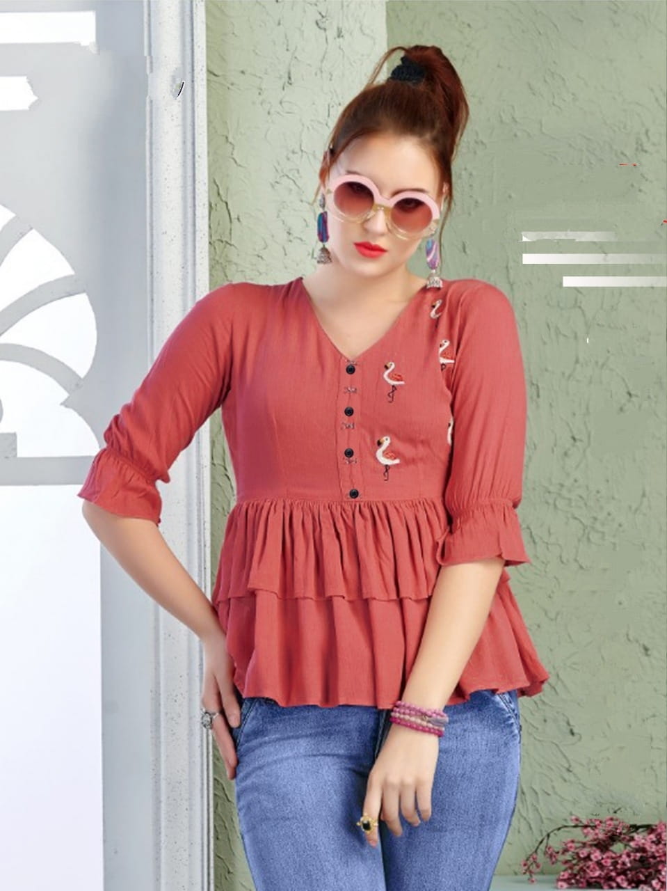 Amazeballs Peach Rayon Cotton With Embroidered Work Western Top