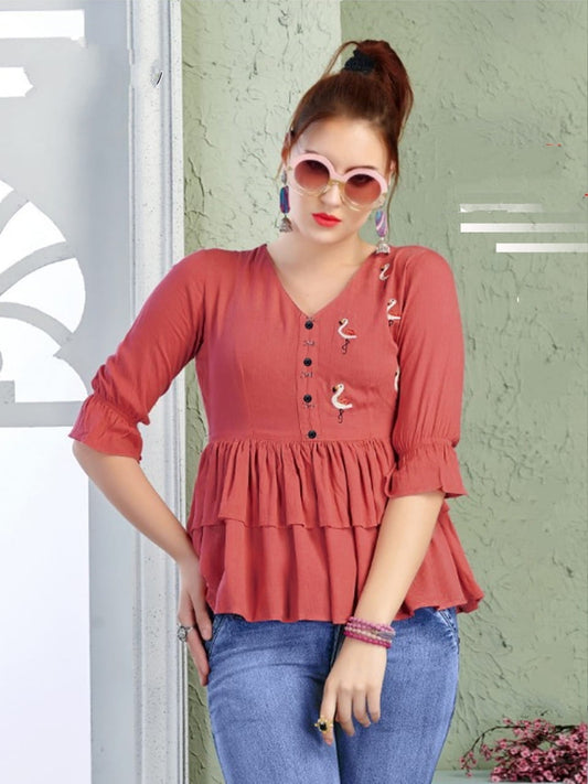 Amazeballs Peach Rayon Cotton With Embroidered Work Western Top