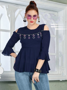 Knockout Navy Blue Rayon Cotton Embroidered Work Western Top