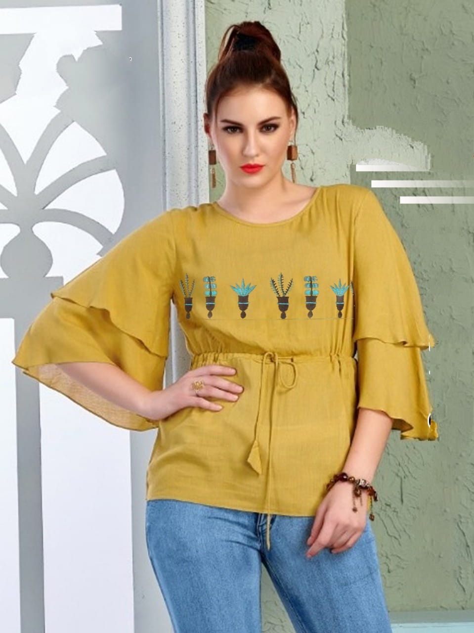 Bootylicious Mustard Cotton Rayon Embroidered Work Western Top